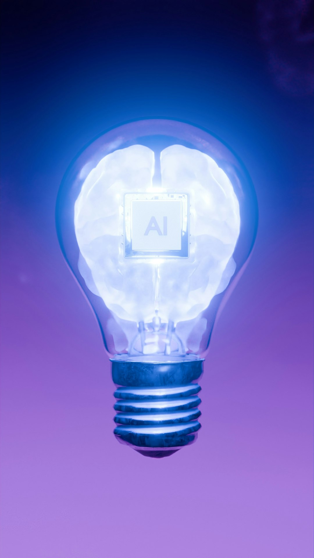 cta-bg Conceptual render of artificial intelligence processor chip embedded in a white human brain inside a transparent light bulb, floating against blue purple gradient background with copy space